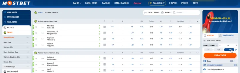 Türkiye'de Mostbet tenis bahis hattı