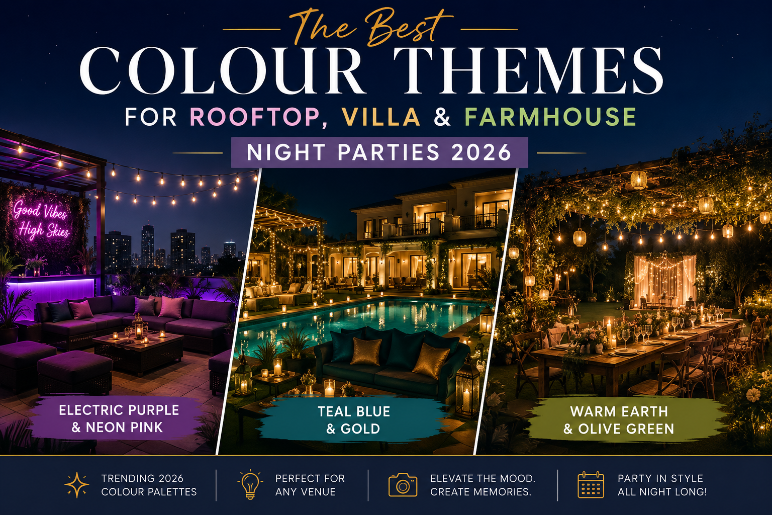 The Best Colour Themes for Rooftop, Villa & Farmhouse Night Parties 2026